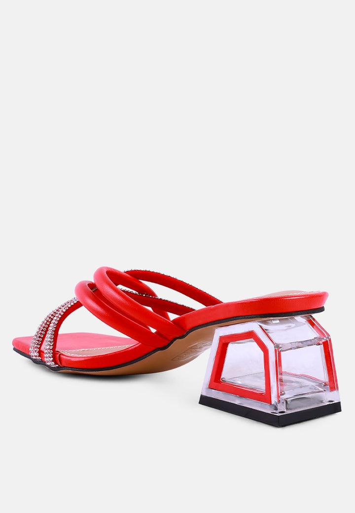 women cut out heel diamante sandals#color_red