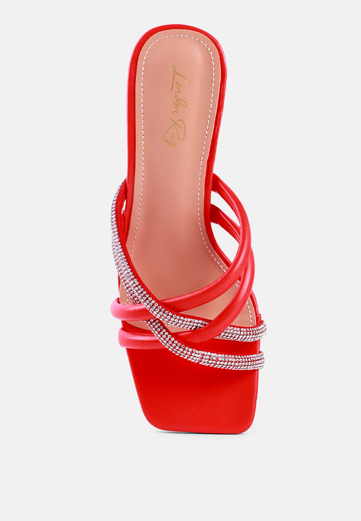 women cut out heel diamante sandals#color_red
