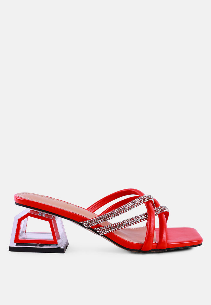 women cut out heel diamante sandals#color_red