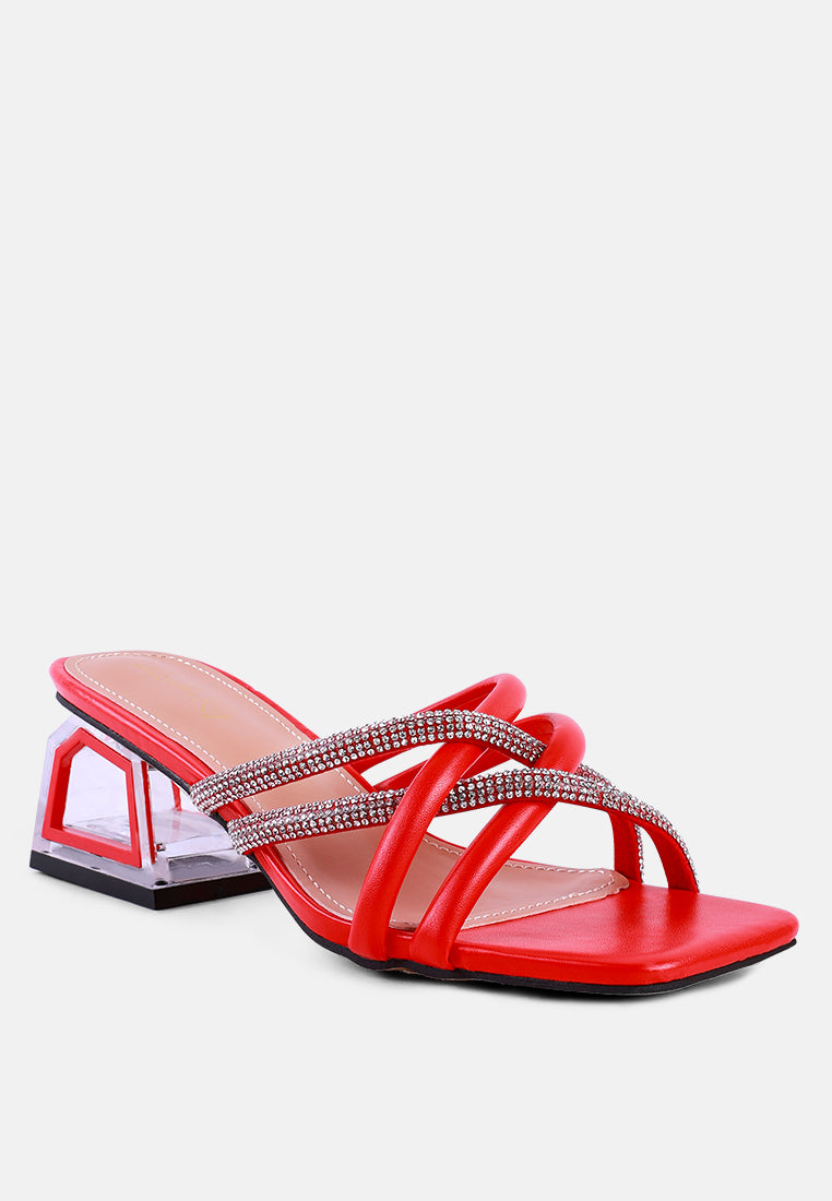 women cut out heel diamante sandals#color_red