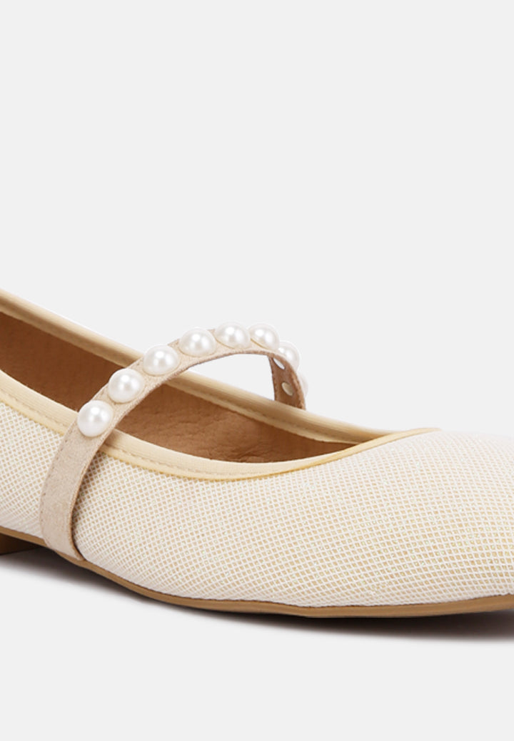 women pearl embellished ballerina flats#color_beige