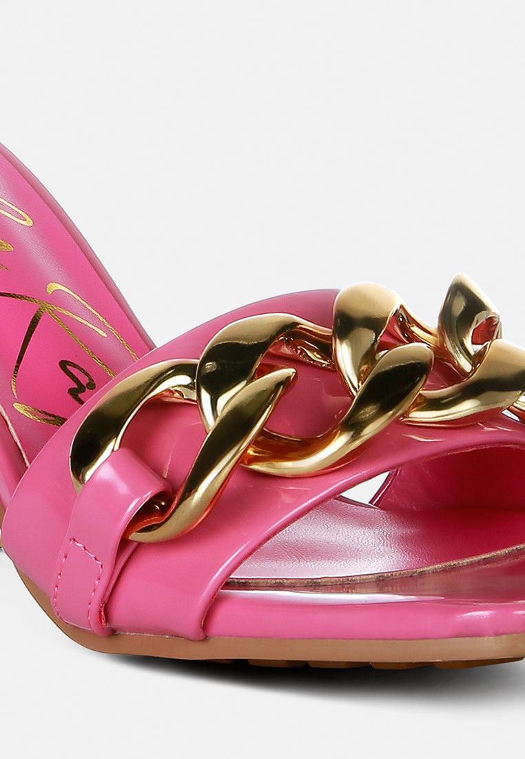 women metal chain detail block heel sandal#color_pink