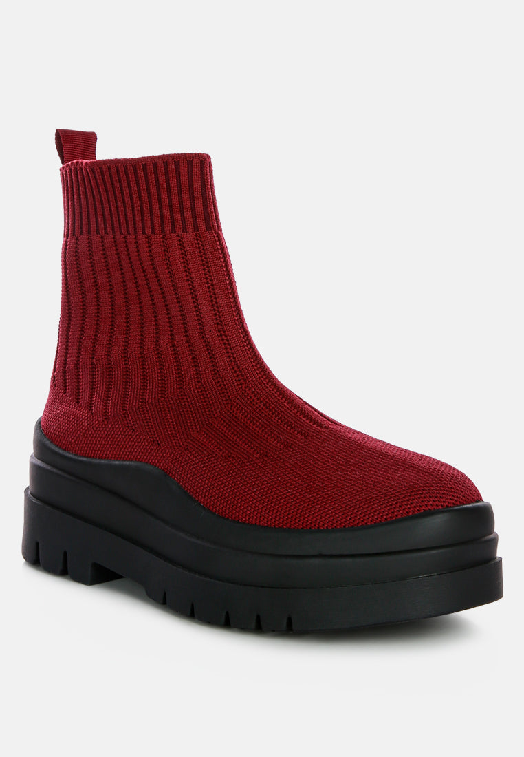 women knitted platform chunky boots#color_burgundy
