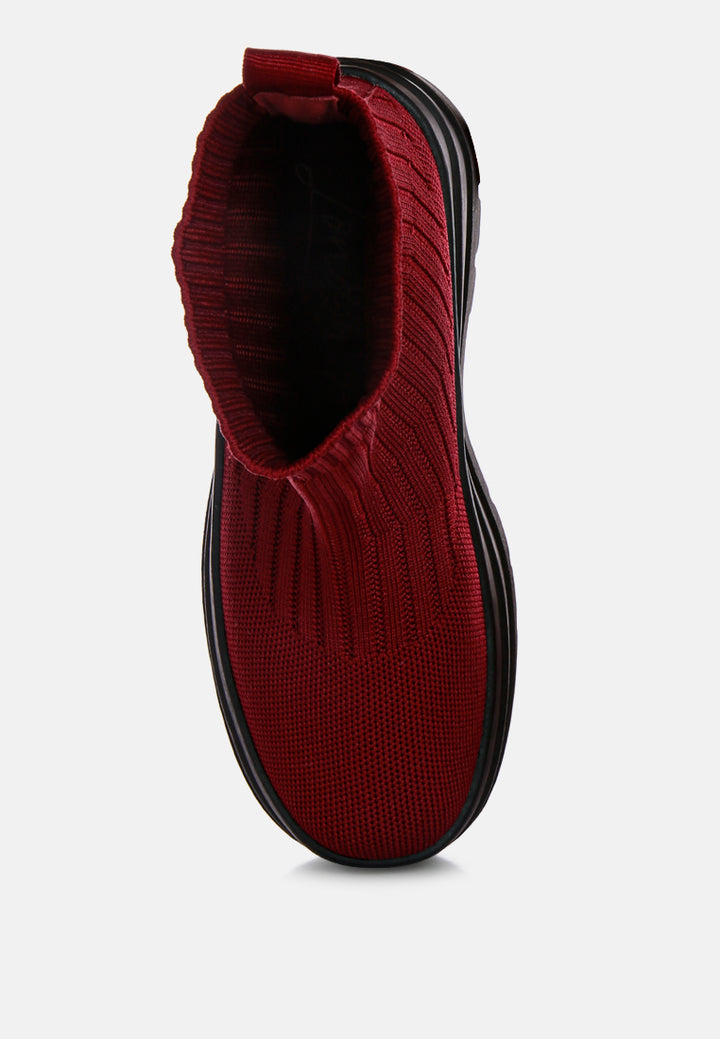 women knitted platform chunky boots#color_burgundy