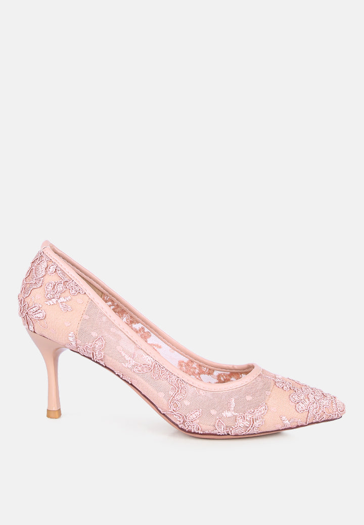 women pink lace stiletto party pumps#color_nude