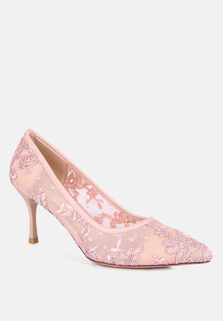 women pink lace stiletto party pumps#color_nude