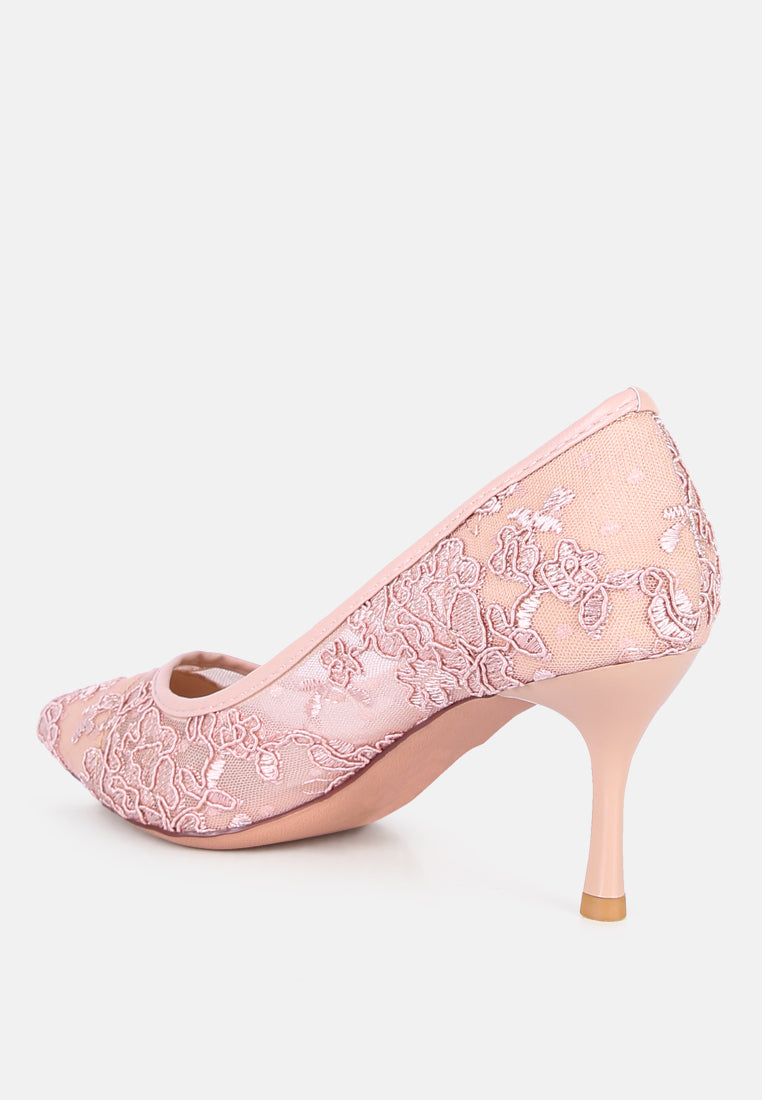 women pink lace stiletto party pumps#color_nude