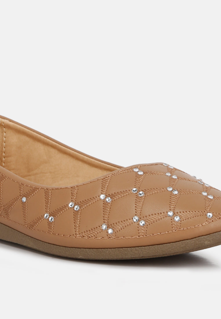 women rhinestone embellished ballerinas#color_tan