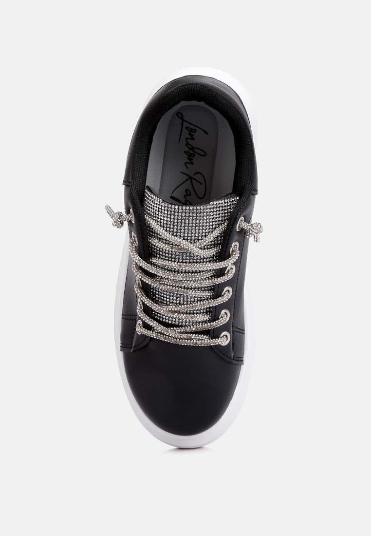 women rhinestones lace up sneakers#color_black