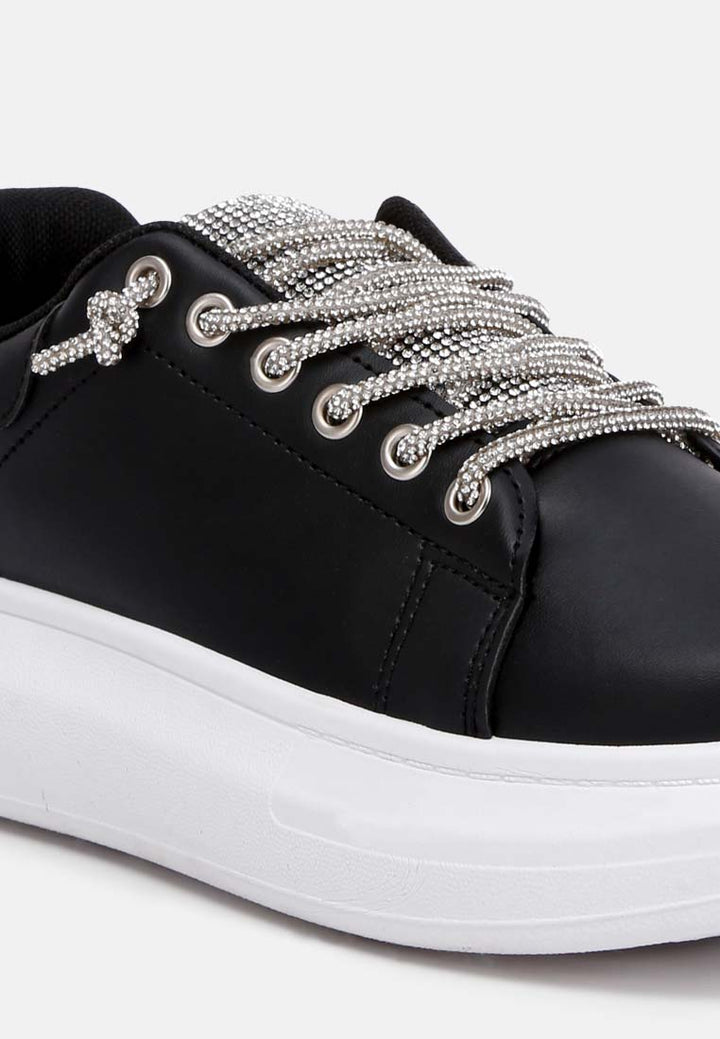 women rhinestones lace up sneakers#color_black