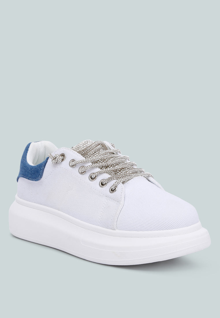 women rhinestones lace up sneakers#color_white