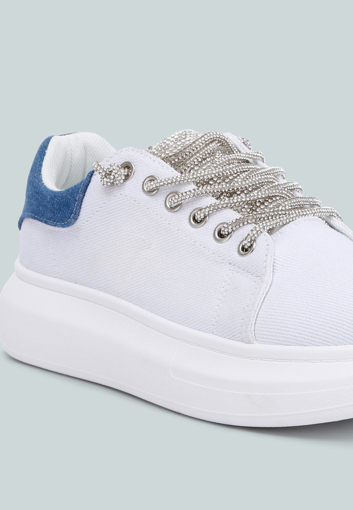 women rhinestones lace up sneakers#color_white