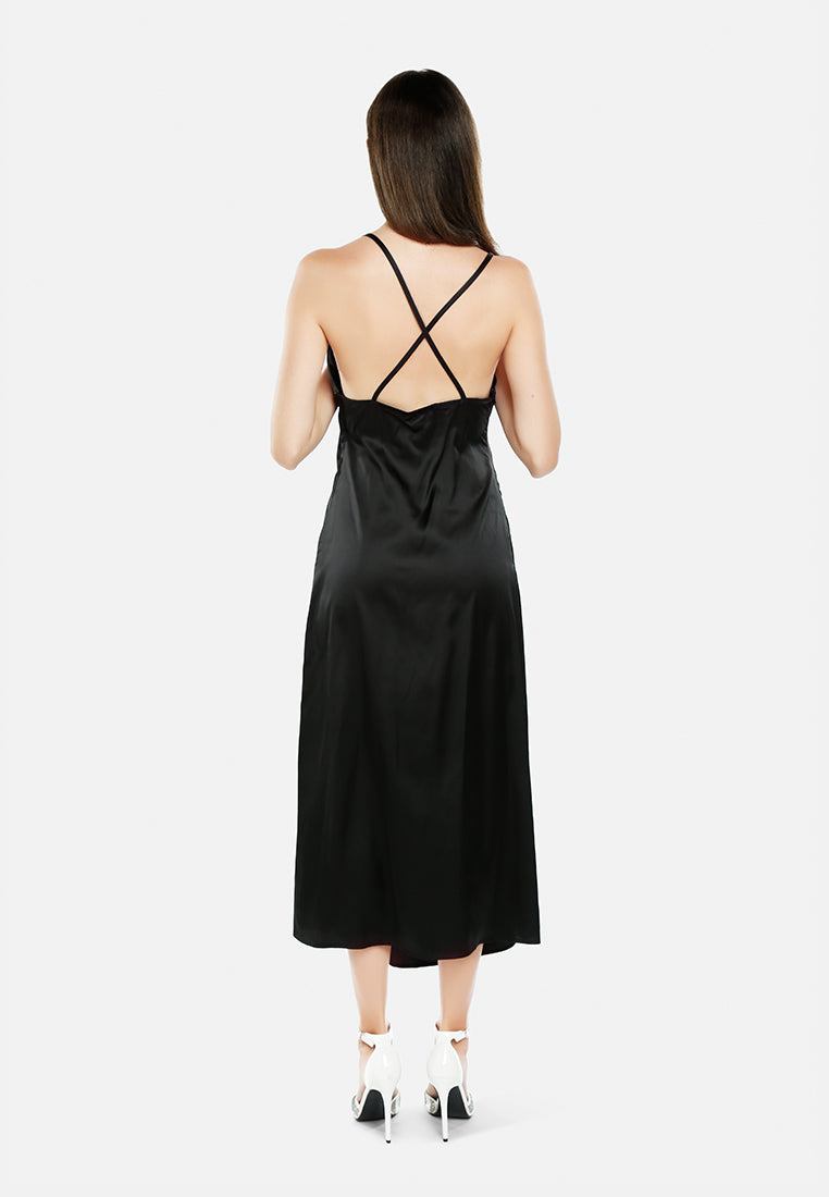 women ruched detail slit slip dress#color_black