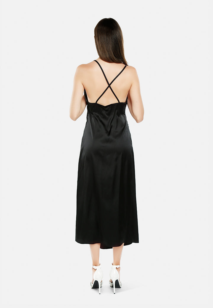 women ruched detail slit slip dress#color_black
