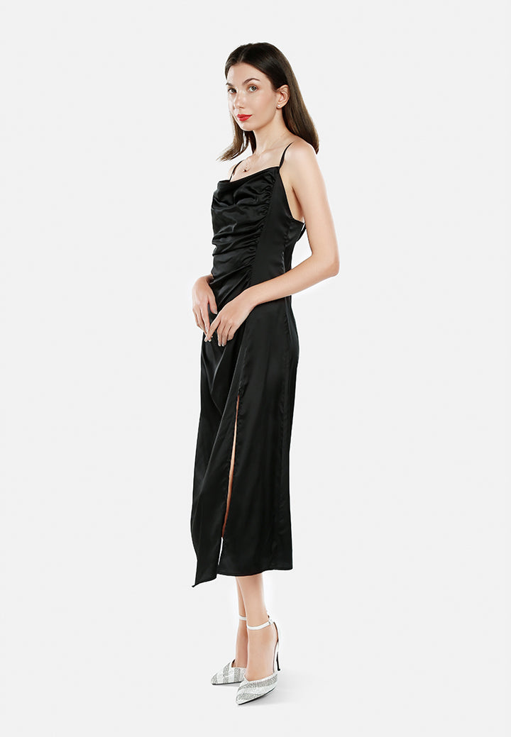 women ruched detail slit slip dress#color_black