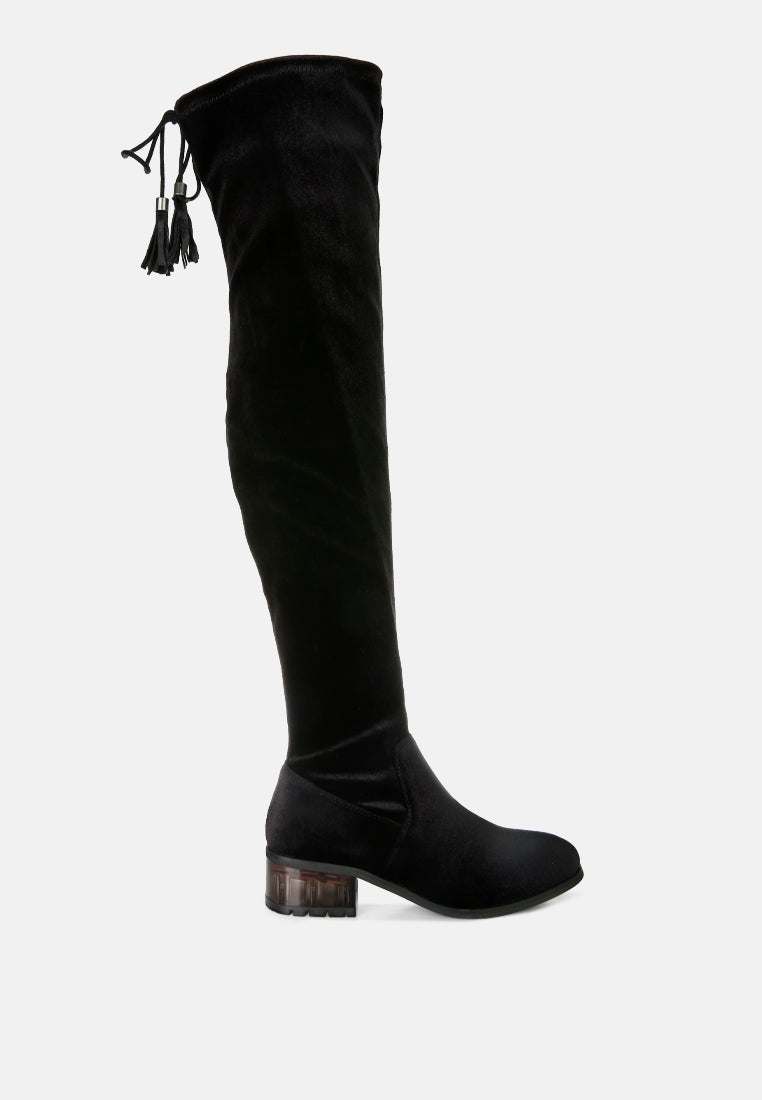 women rumple velvet over the knee clear heel boots#color_black
