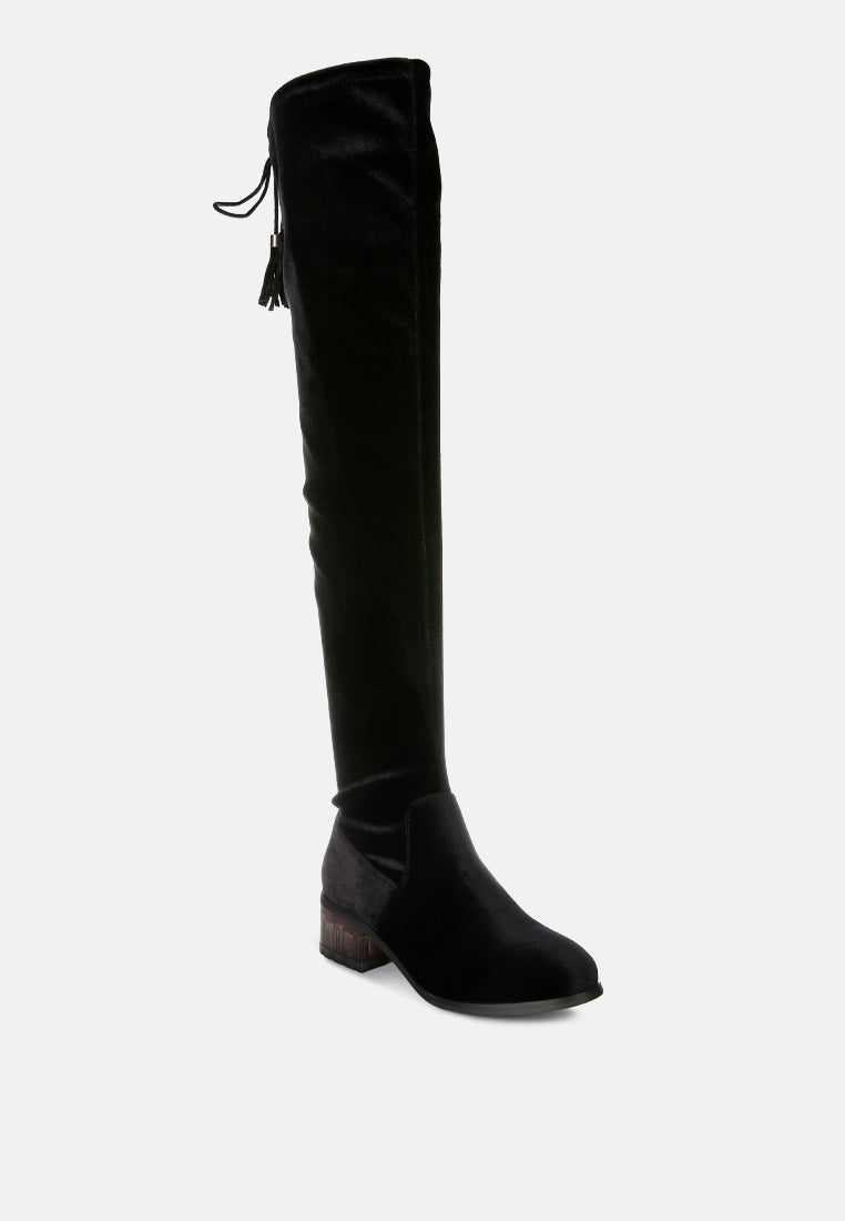 women rumple velvet over the knee clear heel boots#color_black