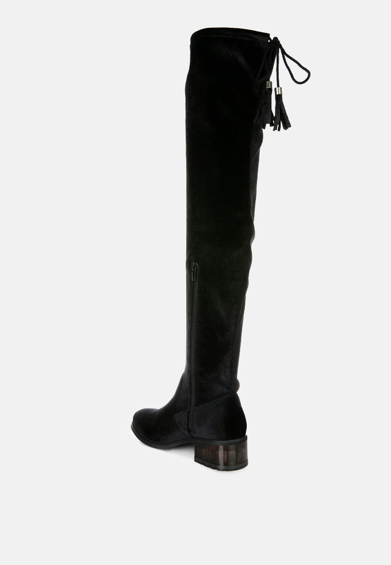 women rumple velvet over the knee clear heel boots#color_black