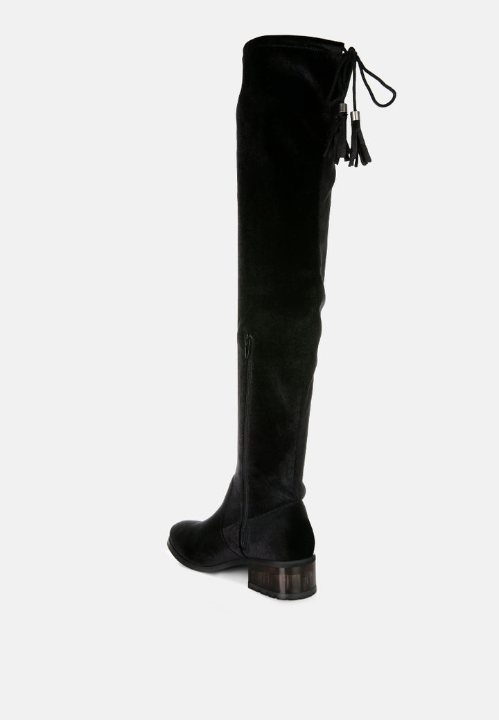 women rumple velvet over the knee clear heel boots#color_black