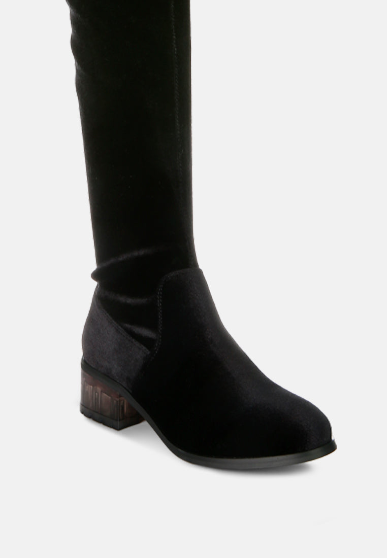 women rumple velvet over the knee clear heel boots#color_black