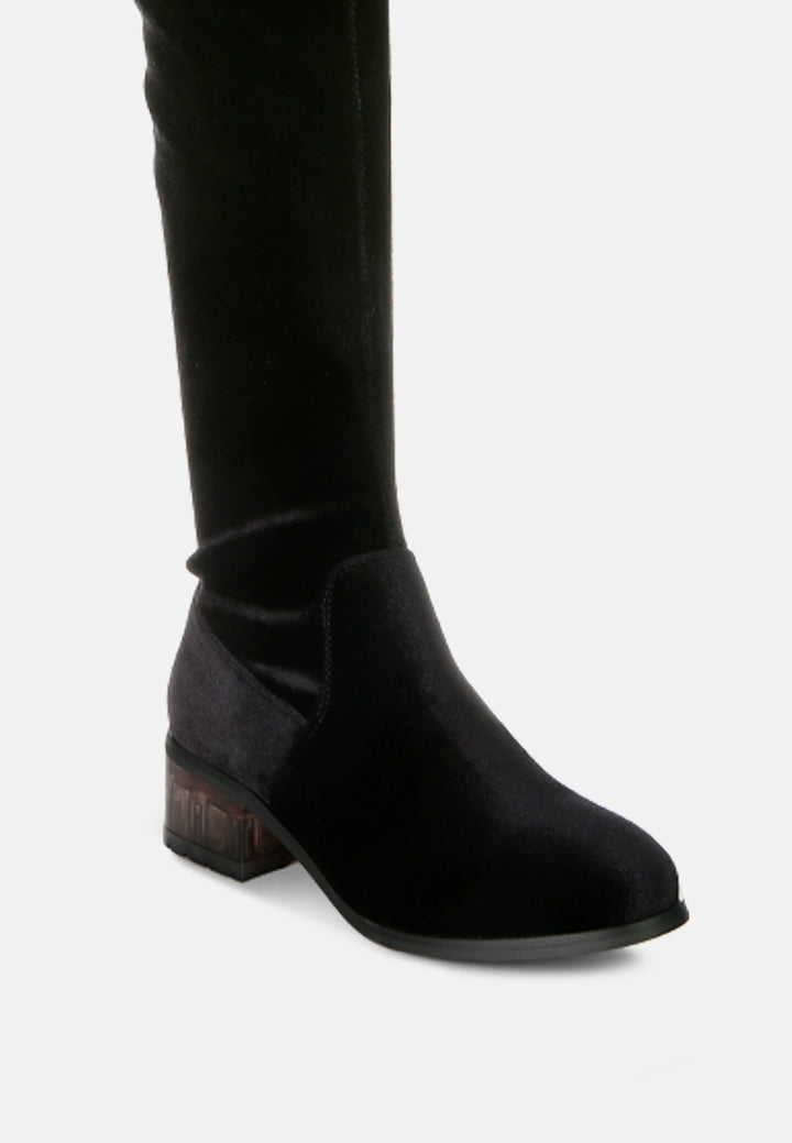 women rumple velvet over the knee clear heel boots#color_black