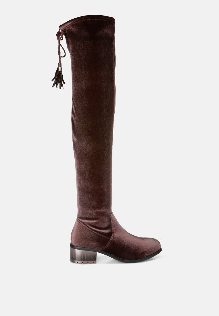 women rumple velvet over the knee clear heel boots#color_brown