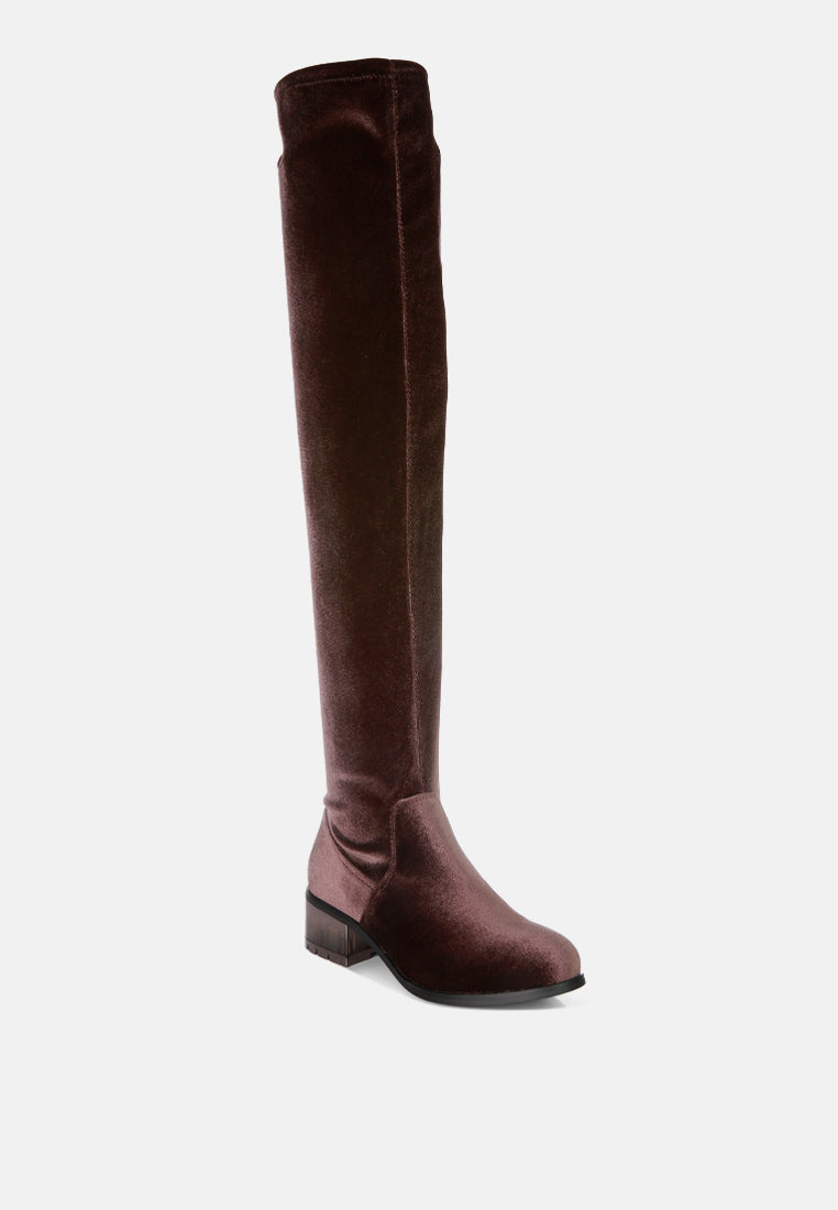 women rumple velvet over the knee clear heel boots#color_brown