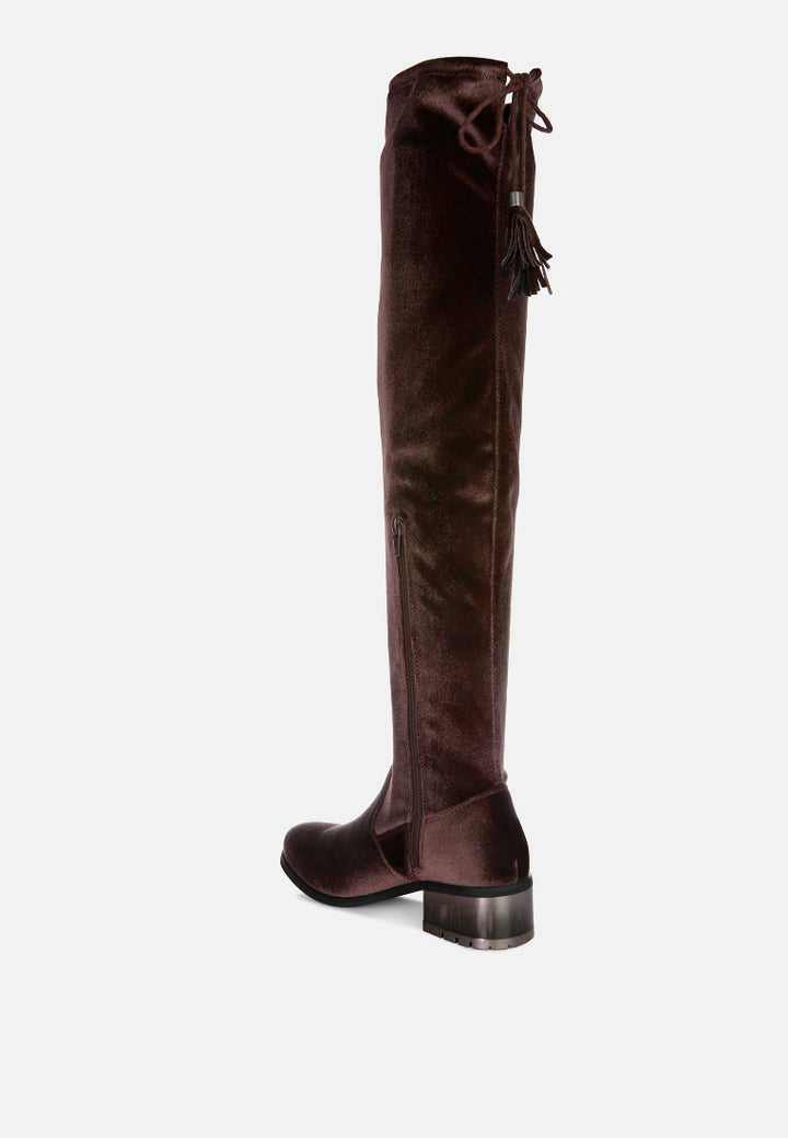 women rumple velvet over the knee clear heel boots#color_brown