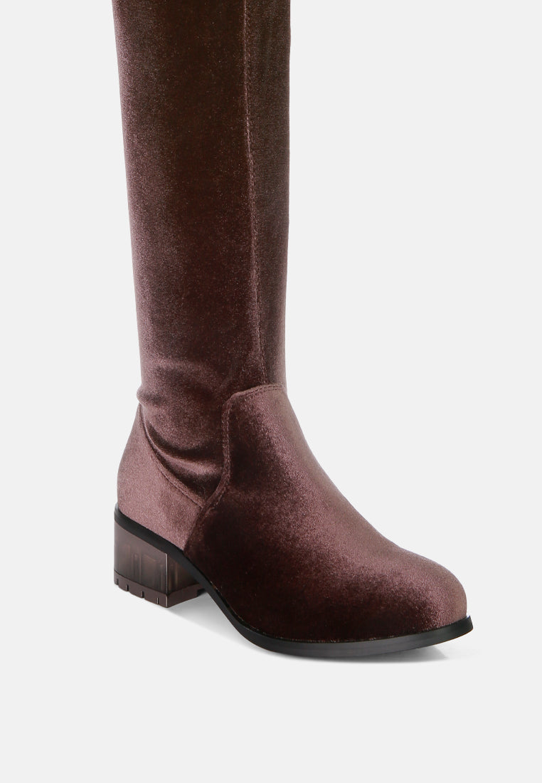 women rumple velvet over the knee clear heel boots#color_brown