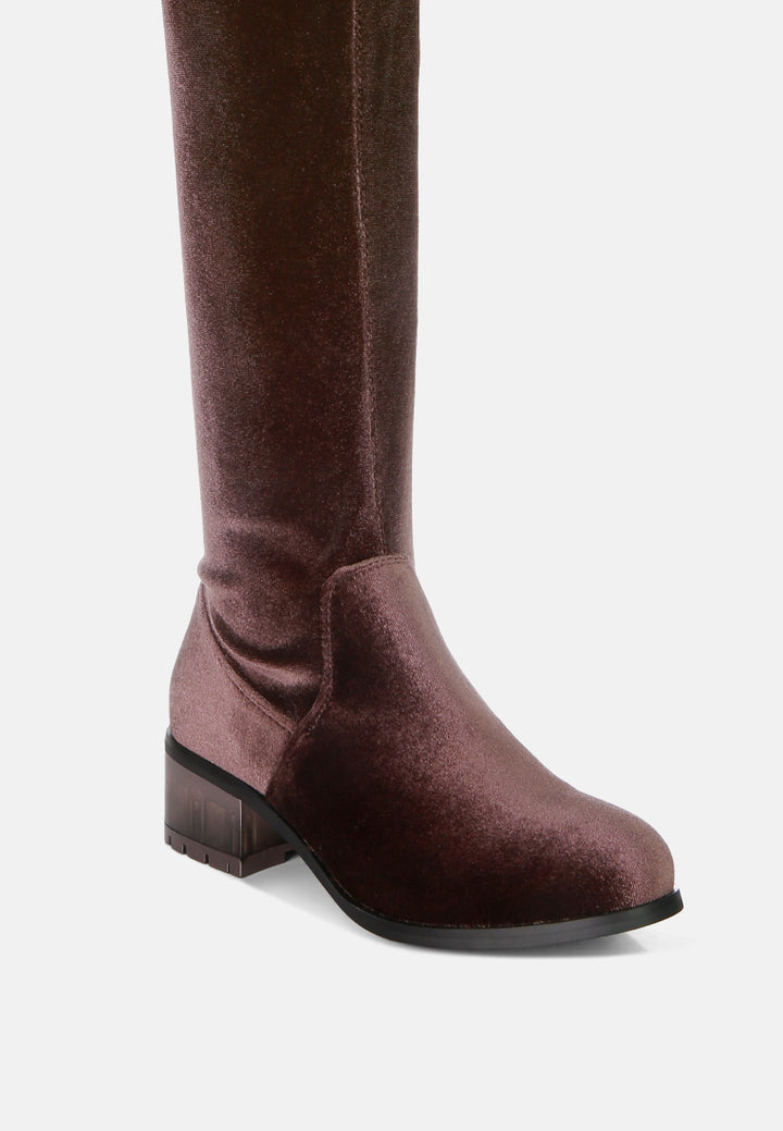 women rumple velvet over the knee clear heel boots#color_brown