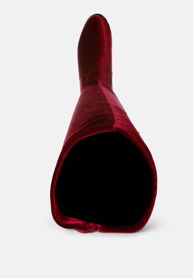 women rumple velvet over the knee clear heel boots#color_burgundy