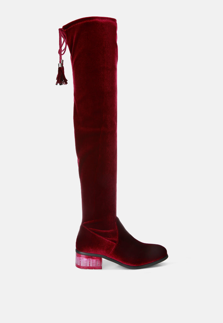 women rumple velvet over the knee clear heel boots#color_burgundy