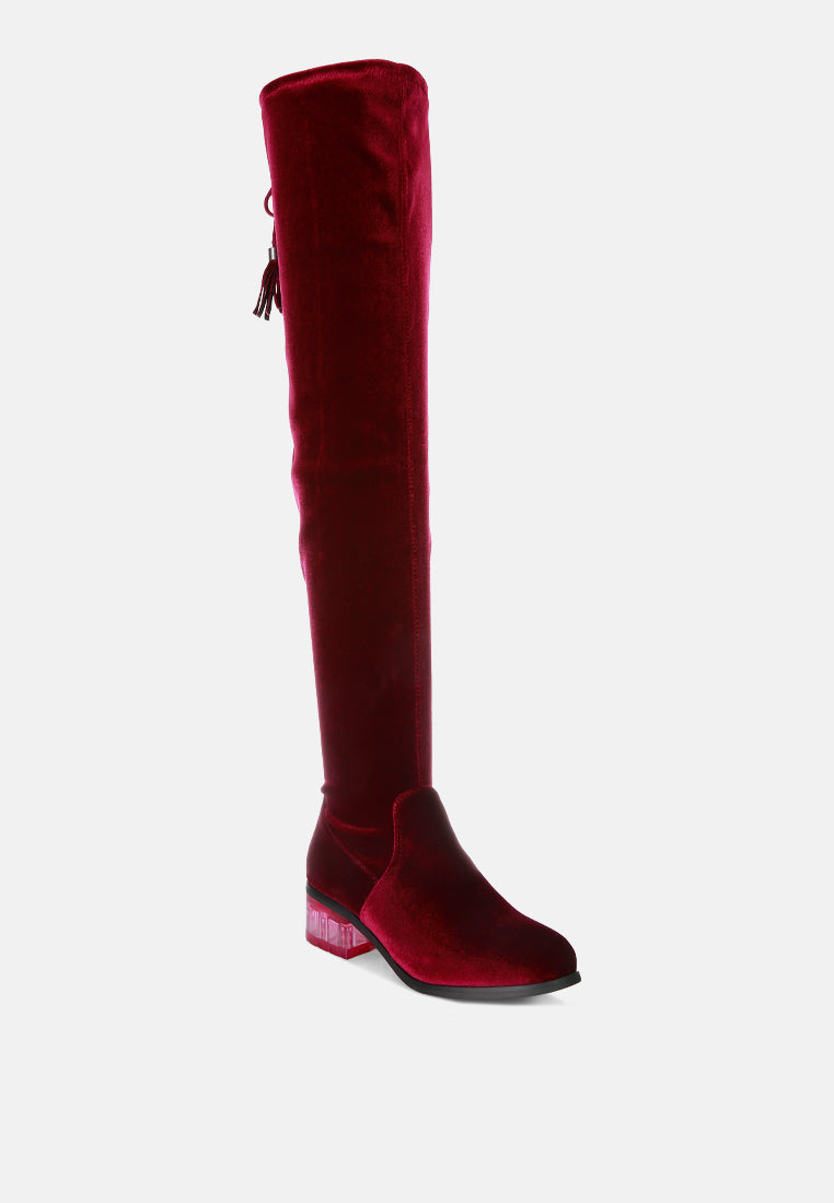 women rumple velvet over the knee clear heel boots#color_burgundy