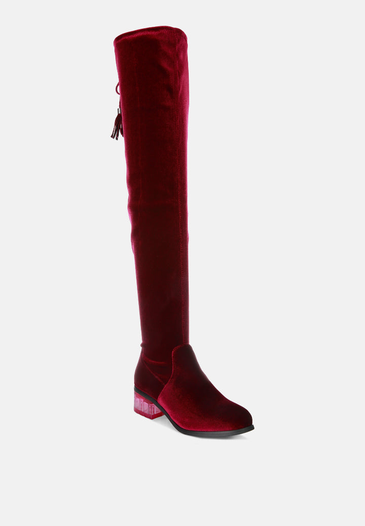 women rumple velvet over the knee clear heel boots#color_burgundy