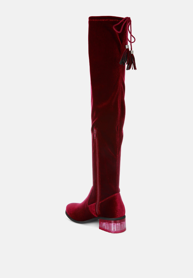 women rumple velvet over the knee clear heel boots#color_burgundy