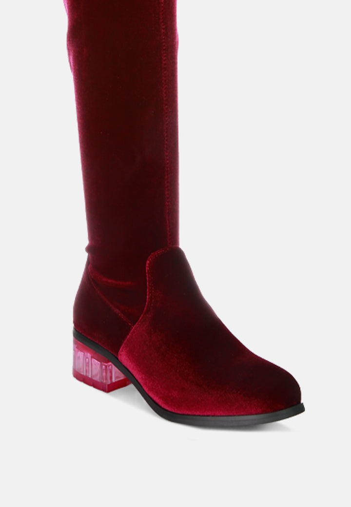 women rumple velvet over the knee clear heel boots#color_burgundy