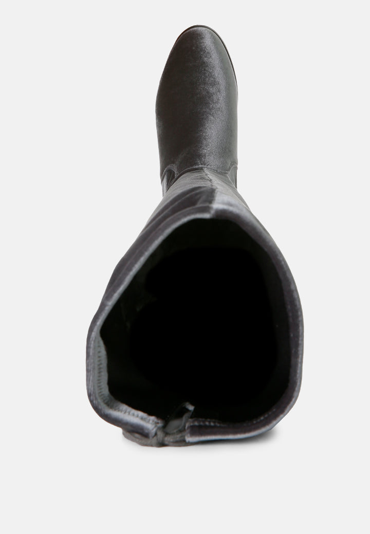 women rumple velvet over the knee clear heel boots#color_grey