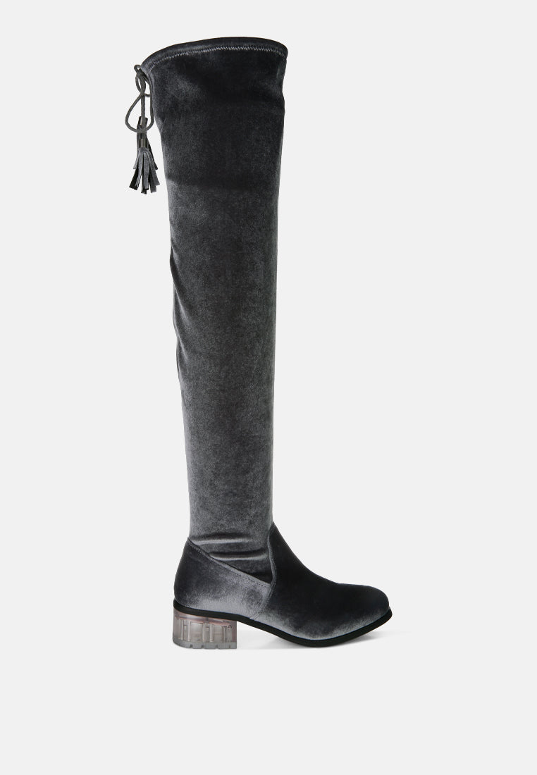 women rumple velvet over the knee clear heel boots#color_grey