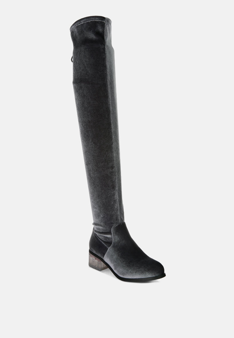 women rumple velvet over the knee clear heel boots#color_grey