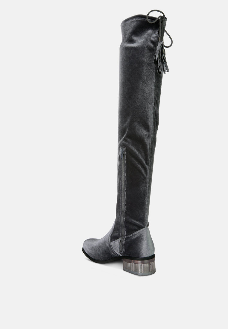 women rumple velvet over the knee clear heel boots#color_grey