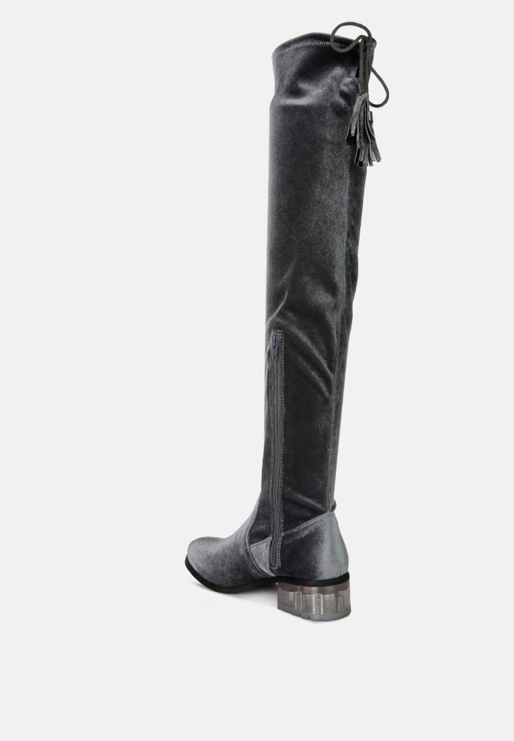 women rumple velvet over the knee clear heel boots#color_grey