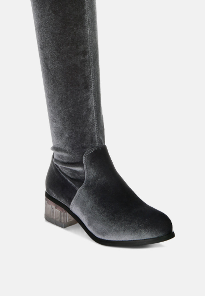 women rumple velvet over the knee clear heel boots#color_grey