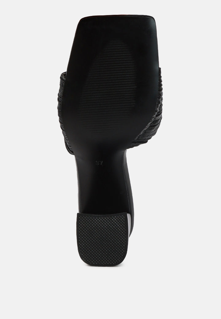 women crinkled high heeled block sandals#color_black