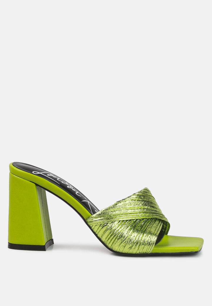 women crinkled high heeled block sandals#color_green