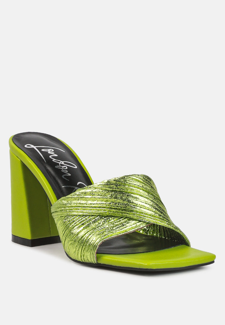 women crinkled high heeled block sandals#color_green