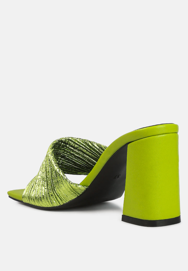 women crinkled high heeled block sandals#color_green