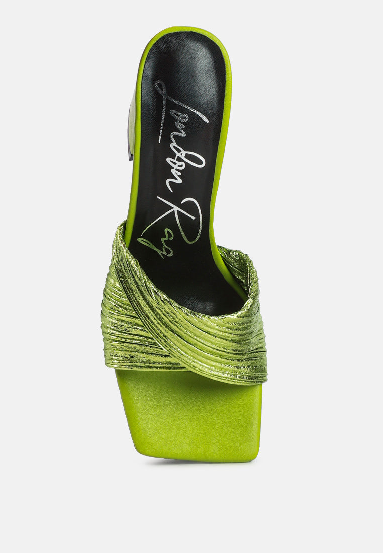 women crinkled high heeled block sandals#color_green