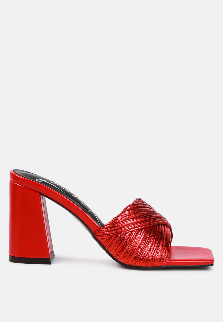 women crinkled high heeled block sandals#color_red
