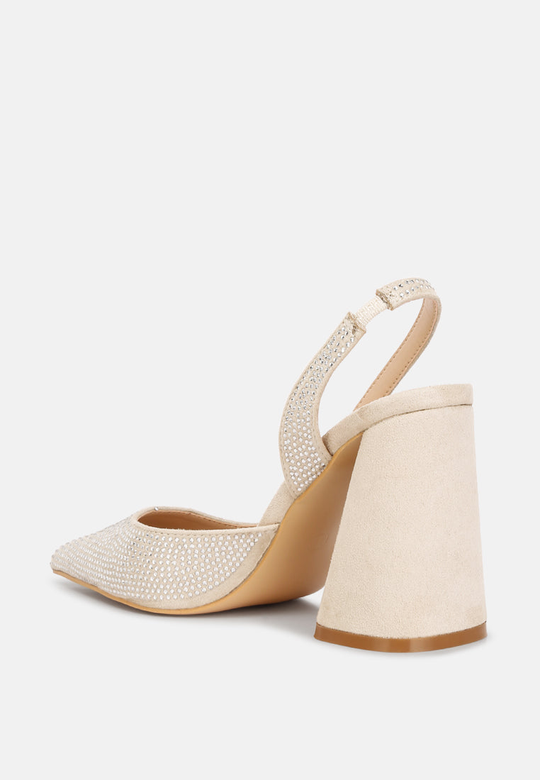 women rhinestone embellished suede heel sandals#color_beige