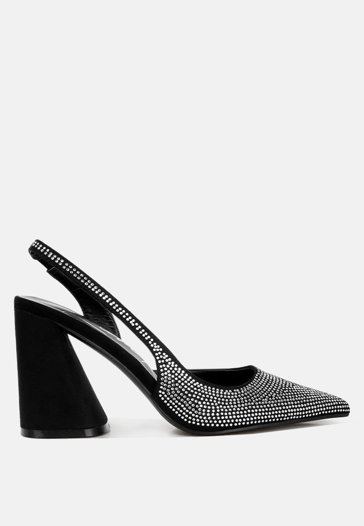 women rhinestone embellished suede heel sandals#color_black